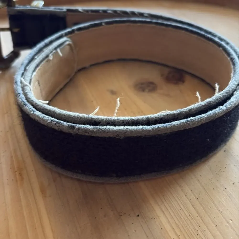 Alden Howard vintage black distressed fabric belt gray trim and buckle